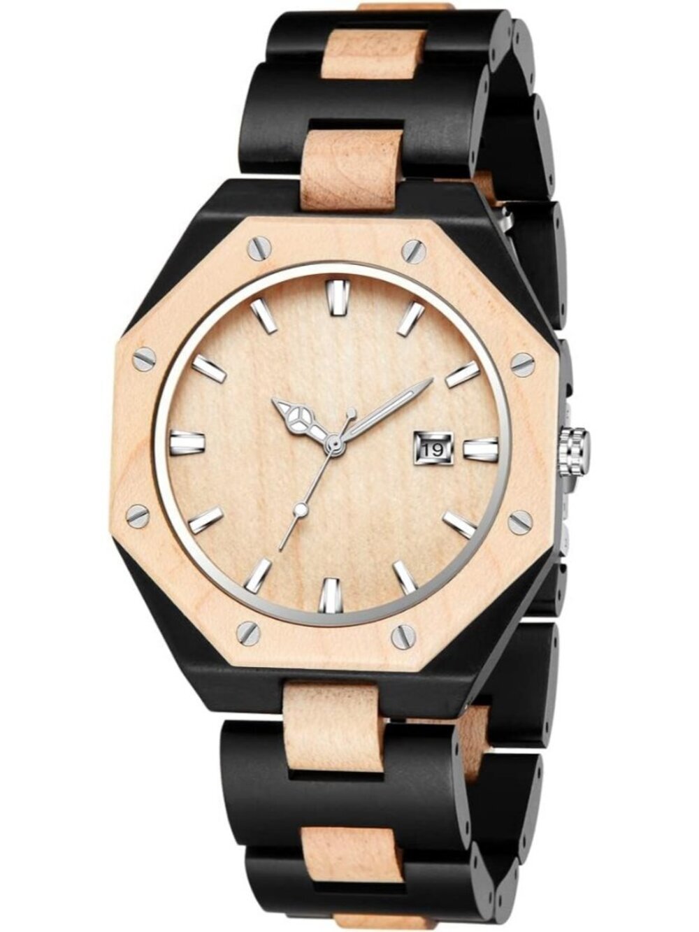 Men's Black Gold Quartz Ebony Zebra Fold over Clasp Wood Strap Wooden Watch